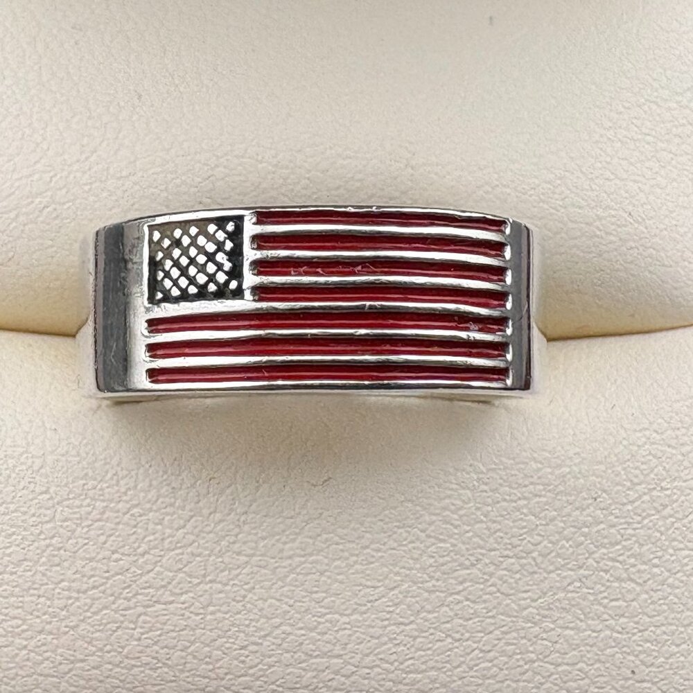 Sterling Silver American Flag "United We Stand" Band Ring - Sz. 8.5 - 7.3mm Wide